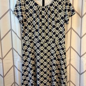 Talbots Navy and White Geometric Stretch Midi Dress